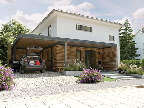 Einfamilienhaus-Flair-124-Kubus-Carport-Erweiterung-Holz-Strassenansicht