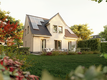 Blick vom Garten auf Flair 134 mit einer umweltfreundlichen PV-Anlage für nachhaltiges Wohnen.